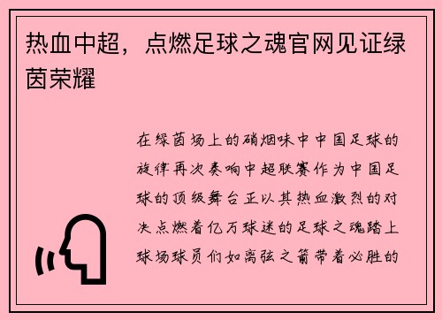 热血中超，点燃足球之魂官网见证绿茵荣耀